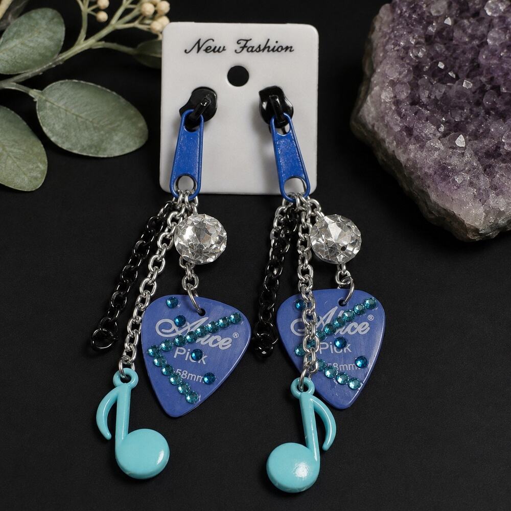 Blue zipper pull Crystal music note rhinestone embellished guitar pick earrings